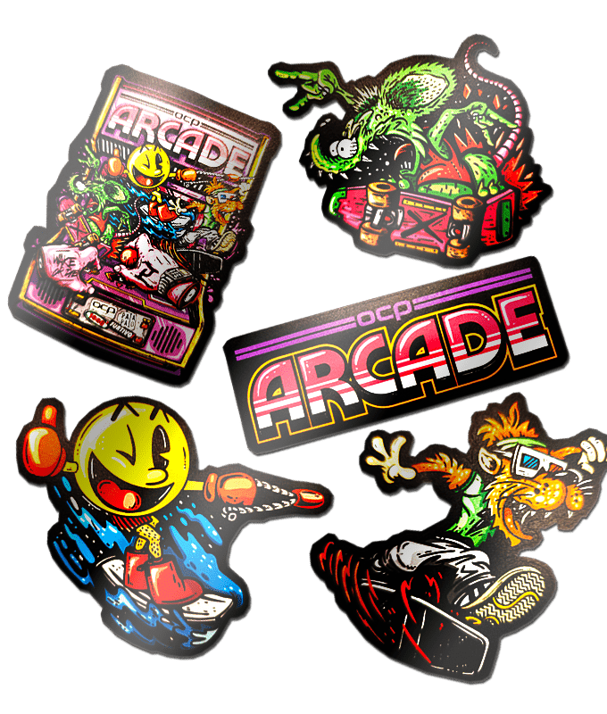 Compra los stickers de la edición ARCADE. Exclusiva OCP Olimpic Cable Park. Sólo en PataPalo Market.
